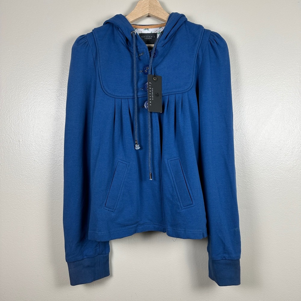 Sanctuary Women's Medium Hoodie Blue Babydoll Button Up Puff Sleeve NEW